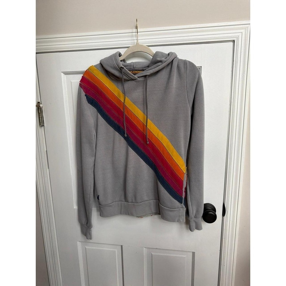 Aviator nation Gray Hoodie with Rainbow Stripe Detail stitched women's small